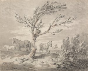 Paysage avec Trois Chevaux et un Arbre au Premier Plan